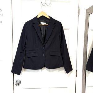 NY & Co Stretch Pinstripe Blazer Sz 10 Navy Lined Pockets Office Corpcore Preppy